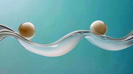 Canvas Print - Two smooth beige spheres sit on flowing,wave-like curves against a turquoise background.Composition evokes a sense of balance and fluidity,combining organic forms with a serene color palette.AI genera