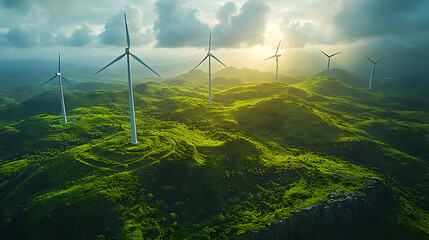 Wind Turbines on Green Hills - Realistic Landscape Illustration