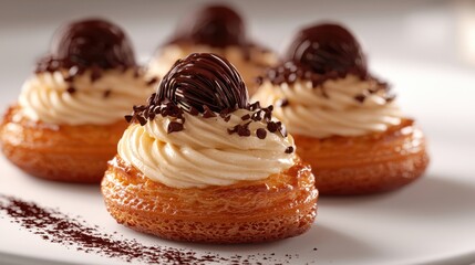 Delicious Photorealistic Choux Pastry Filled with Custard and Chocolate - Detailed Texture and Flavor Showcase