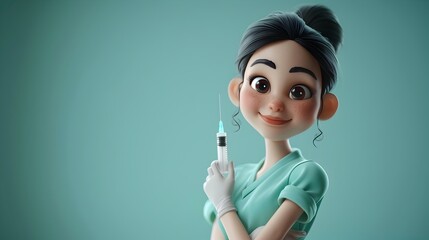 Cheerful Cartoon Nurse Administering Injection Gently in Medical Clinic Setting