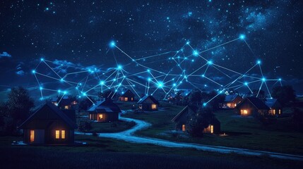 A network of glowing dots connects houses under a starry night sky.