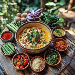 A plate of Khanom Jeen rice noodles served with rich chicken curry, surrounded by fresh Thai herbs and vegetables, set on a traditional Thai wooden table.