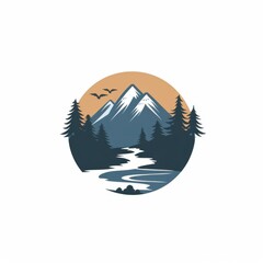 Wall Mural - Mountain and river landscape icon, adventure travel logo template on white background, sunrise, sunset