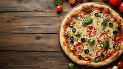 delicious tasty pizza with ingredients on wooden table