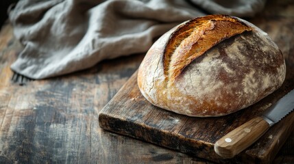 A freshly baked sourdough loaf rests on a wooden cutting board, showcasing its crispy, golden crust. A cloth and bread knife complete the rustic kitchen atmosphere