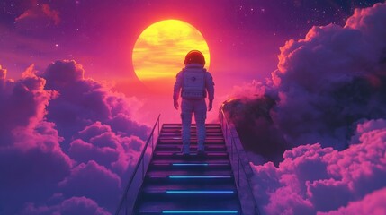 Sticker - An astronaut stands on a staircase leading to a glowing sun with clouds surrounding them in a dreamy, neon sky.