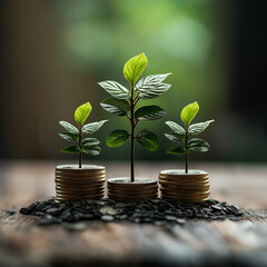 Growing moneyfinance  investment Seedling are growing growth Young plants on coin stacks