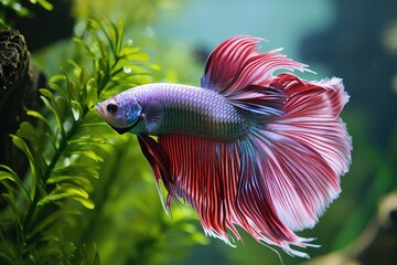 Red Siamese Fighting Fish, Rosetail Halfmoon Aquarium Pet, White Betta Splendens in Fish Tank