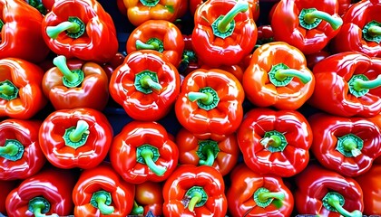 Vibrant red bell peppers with shiny skin and green stems, ready to enhance healthy cooking with their freshness and color