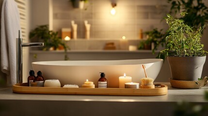 Evoke relaxation with a sustainable bath setup showcasing a bamboo tray filled with natural soaps, candles, and lush plants, all illuminated by gentle evening light