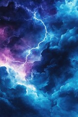 Multicolored watercolor illustration of a thunderstorm with lightning against a night sky texture Vibrant cosmic background features light blue and deep black for creative modern designs