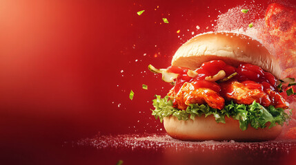 delicious red and yellow burger with lettuce and tomato on red background  - food photography