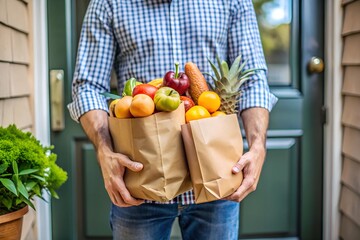 person holding bags full of fruits, man with fruits in shopping bags 