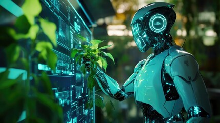 A futuristic robot removing weeds in a smart farm, AI technology interface displayed on a holographic screen, vibrant neon blue and green colors, cyberpunk style, high contrast 