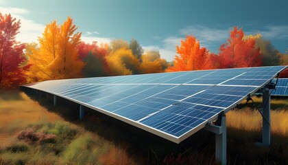 Wall Mural - Solar panel installation amidst colorful autumn leaves highlighting renewable energy and sustainability efforts