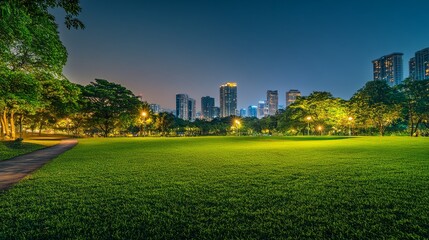 Wall Mural - A city park showcases soft ambient lighting that highlights the lush greenery, while the bright city lights create a vibrant backdrop beneath a clear night sky