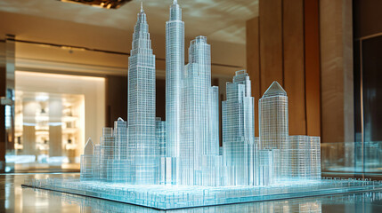 glass cityscape model on reflective surface - modern architecture, cityscape, design, interior, abstract, futuristic, glass, building, structure