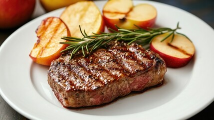 Juicy grilled steak served with sweet caramelized apples and rosemary, arranged beautifully on a white plate.