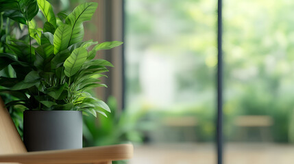 Wall Mural - Green Plant in a Pot on a Wooden Table with Blurred Background for Minimalist Interior Design Inspiration