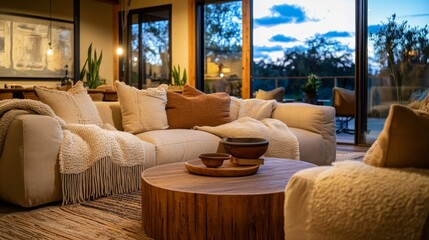 Wall Mural - The inviting living room features a low coffee table surrounded by soft throw blankets and pillows, with a large window revealing a serene evening sky