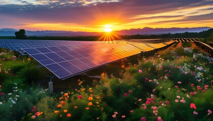 vibrant sunset illuminating solar panel array amidst blooming flowers and lush greenery celebrating renewable energy and natures beauty