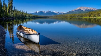 Poster - A tranquil mountain lake features a solo canoe on the shore, surrounded by lush trees and distant peaks under a clear blue sky, creating a peaceful midday atmosphere