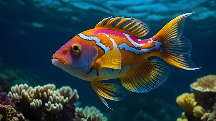 Tropical sea underwater fishes on coral reef. Aquarium oceanarium wildlife colorful marine panorama landscape nature snorkeling diving