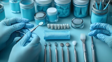 Wall Mural - Close-Up of Professional Dental Tools Arranged Meticulously for a Surgical Operation in a Modern Clinic 近代的なクリニックでの手術のために綿密に配置されたプロフェッショナルな歯科用具のクローズアップ.Generative AI