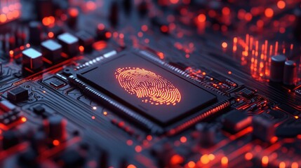 Poster - Microcircuit board with a fingerprint scan, showcasing a futuristic approach to technology and biometric authentication.