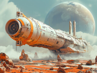 Wall Mural - Futuristic and science fiction illustration of a spaceship landing on a distant planet.