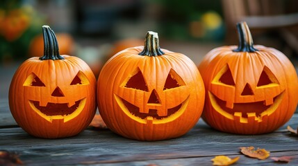 Close-up of Halloween jack-o'-lanterns on a wooden table