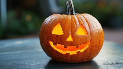 Close-up of Halloween jack-o'-lanterns on a wooden table