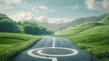 Realistic photo of a road winding towards a target symbol on the horizon symbolizing the journey of business growth and the effort and dedication needed to achieve success in your enterprise
