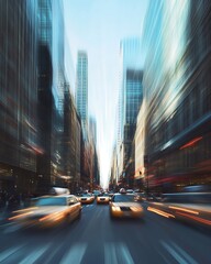 A modern urban street with blurred motion of cars and pedestrians, leaving an open area in the center for messaging