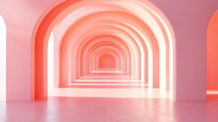 Wall Mural - Surreal 3D rendering featuring an abstract arch corridor with a pastel pink backdrop creating a unique interior concept