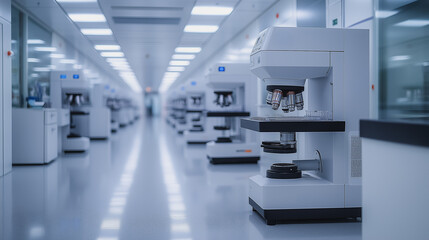 Poster - A large room with many microscopes and a white machine in the middle. The room is very clean and organized