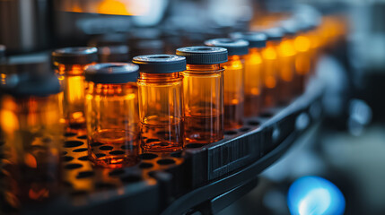 Poster - A row of glass bottles with a yellowish tint. The bottles are lined up on a conveyor belt