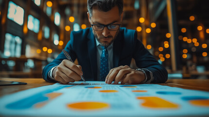 Poster - a man in a suit is writing on a piece of paper. concept of professionalism and focus, as the man is 