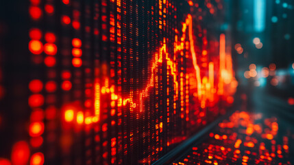 Poster - A red and orange graph with a downward trend. The graph is on a screen and he is related to the stock market