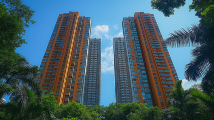 Poster - Two tall buildings with a clear blue sky in the background. The buildings are orange and have a lot of windows