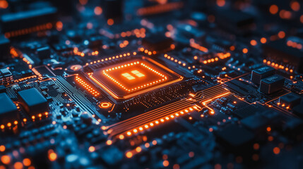 Poster - A close up of a computer chip with orange lights. Concept of technology and innovation