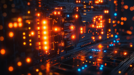 Poster - A computer chip with many lights on it. The lights are orange and blue