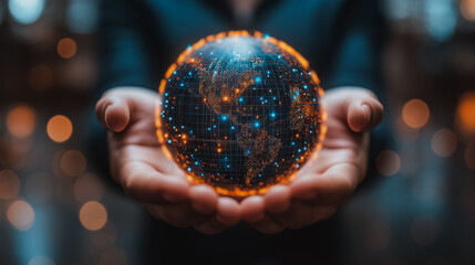 Poster - A person is holding a glowing globe in their hand. The globe is illuminated with a bright blue light and has a pattern of stars on it. Concept of wonder and curiosity about the world and the universe