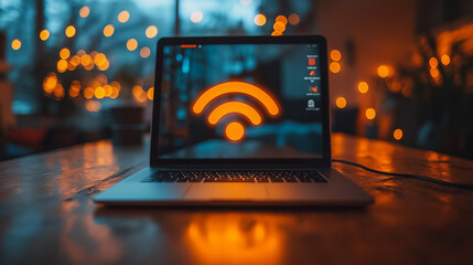 Poster - A laptop screen shows a wifi symbol. The image has a warm, cozy feeling, as if it were taken in a living room or a coffee shop. The laptop is placed on a wooden table