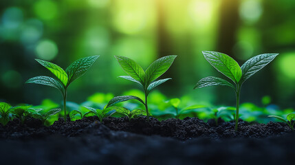 Three small green plants are growing in the dirt