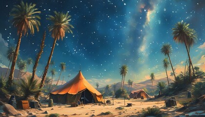 Enchanting desert tent beneath a starlit sky, embraced by swaying palms and an array of outdoor gear.