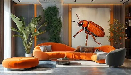 Surreal blend of nature and contemporary design with an enormous orange insect in a modern interior setting