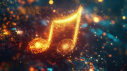 Poster - Sparkling, glowing musical note floating in mid-air, surrounded by light trails and glimmering stars, representing a melody in motion.
