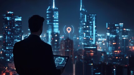 Businessman looking at cityscape with glowing city lights and location pin on laptop at night.