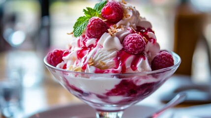 Aufkleber - Raspberry Ice Cream Sundae Topped with Fresh Fruit Slices